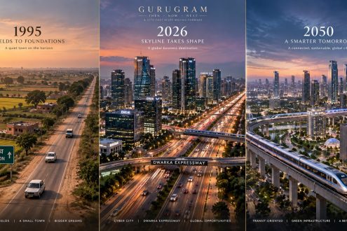 Gurugram urban transformation from 1995 agricultural fields to 2026 Cyber City and 2050 transit-oriented metropolis