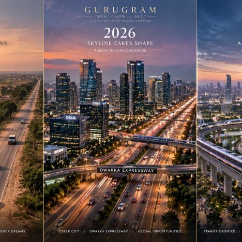 Gurugram urban transformation from 1995 agricultural fields to 2026 Cyber City and 2050 transit-oriented metropolis