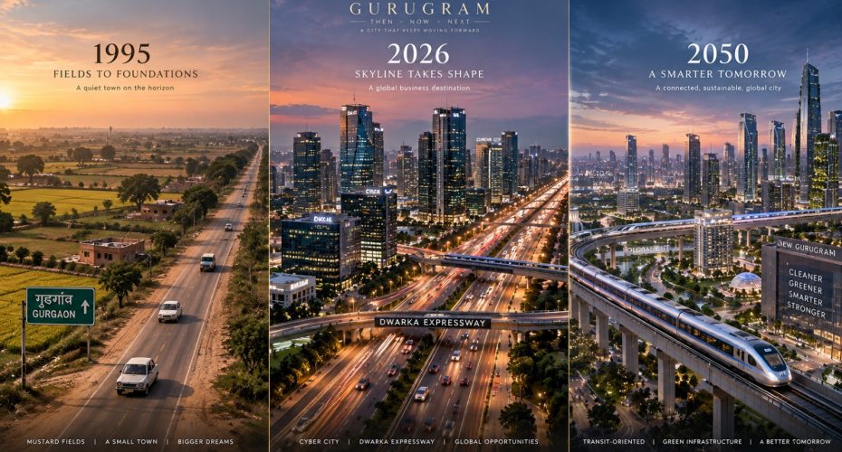 Gurugram urban transformation from 1995 agricultural fields to 2026 Cyber City and 2050 transit-oriented metropolis