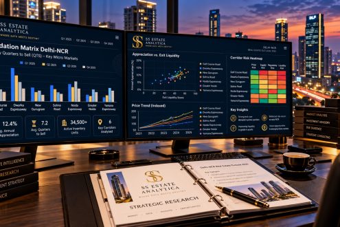 SS Estate Analytica Liquidation Matrix data intelligence terminal showing Delhi NCR exit liquidity and price overhang metrics