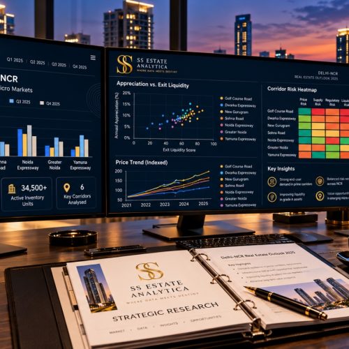 SS Estate Analytica Liquidation Matrix data intelligence terminal showing Delhi NCR exit liquidity and price overhang metrics