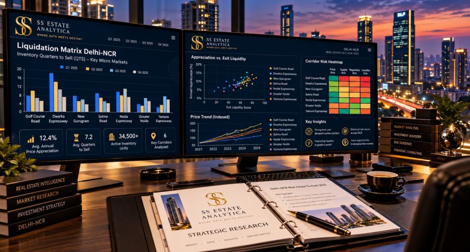 SS Estate Analytica Liquidation Matrix data intelligence terminal showing Delhi NCR exit liquidity and price overhang metrics