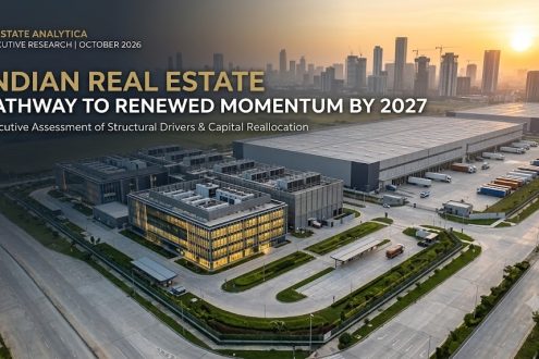 Indian real estate structural growth drivers featuring modern data centres, Grade-A logistics parks, and urban tech skylines toward 2027