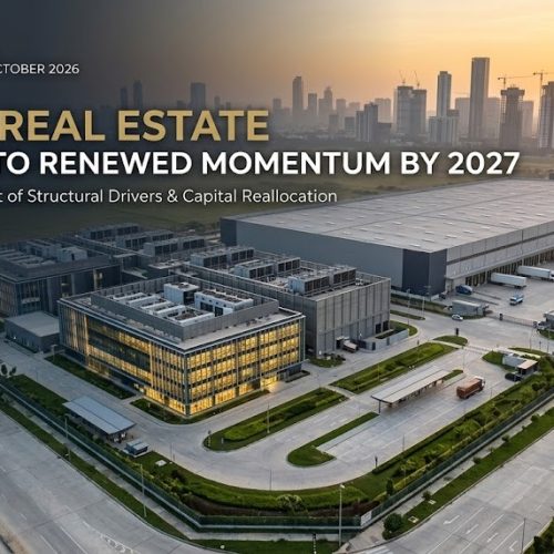 Indian real estate structural growth drivers featuring modern data centres, Grade-A logistics parks, and urban tech skylines toward 2027