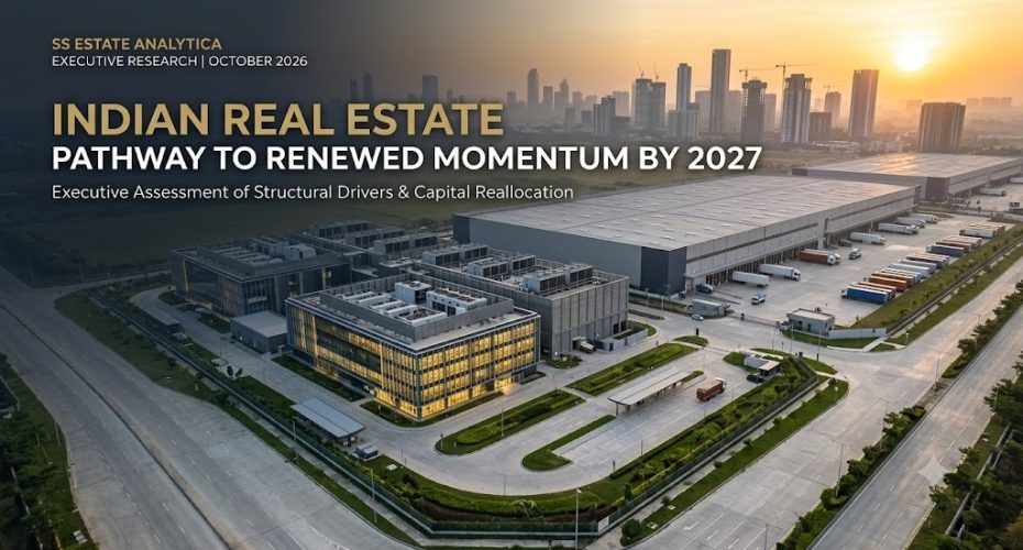 Indian real estate structural growth drivers featuring modern data centres, Grade-A logistics parks, and urban tech skylines toward 2027